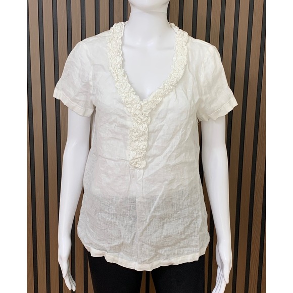 Talbots Tops - Talbots White 100% Linen Ruffle V-Neck Short Sleeve Blouse Top Size 8